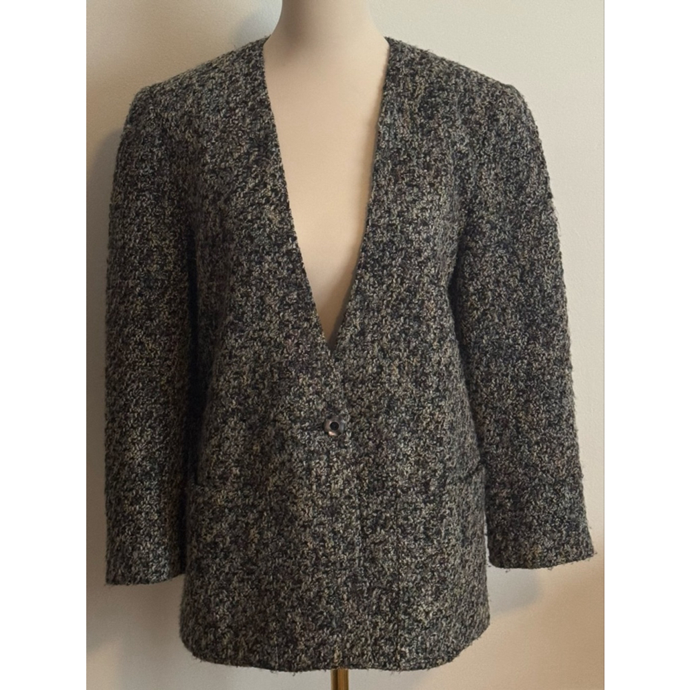 Women's Petite Illustrations Gray Black Tweed Blazer Jacket Size 12P